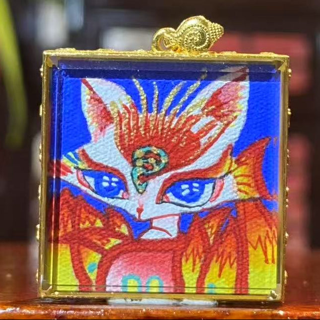 Front view of Fox Spirit (Hu Xian) Tibetan mini thangka pendant, 18K gold double-sided hand-painted Rebgong art symbolizing wisdom and protection