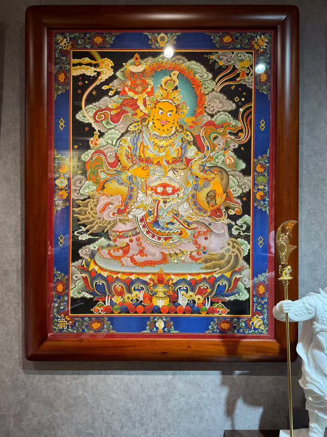 Framed Rebgong Vaishravana Thangka mounted in solid pear wood frame, large-scale Himalayan Buddhist artwork ready to hang