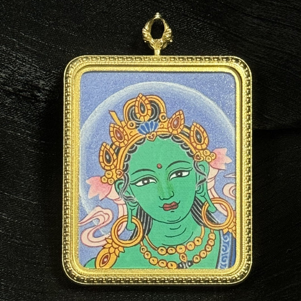 Hand-painted Green Tara Buddha head thangka pendant in Nepal Newar style, 45mm painting mounted in a titanium steel case
