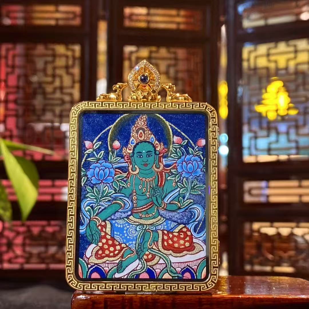 Back view of double-sided Gau Thangka pendant with Green Tara, hand-painted in Rebgong style using traditional mineral pigments