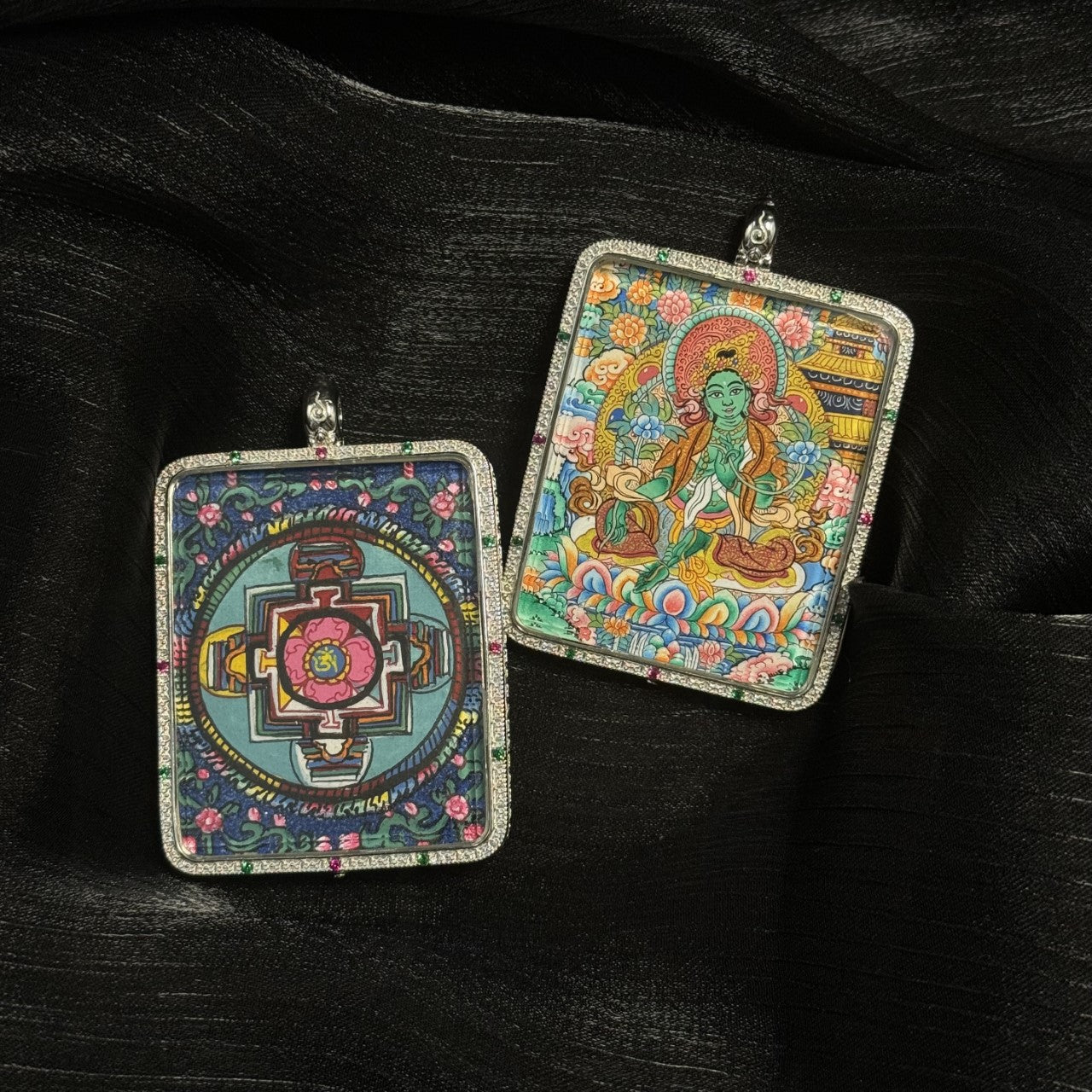 Front and back view of a Green Tara mini thangka pendant showing the hand-painted Green Tara deity and a detailed Tibetan mandala design on the reverse side inside a decorative pendant frame.