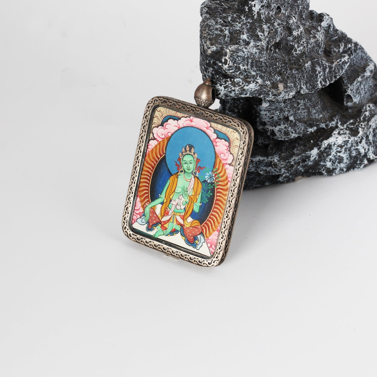 Green Tara Mini Thangka Pendant Angled View | Red Cloud Series Tibetan Art