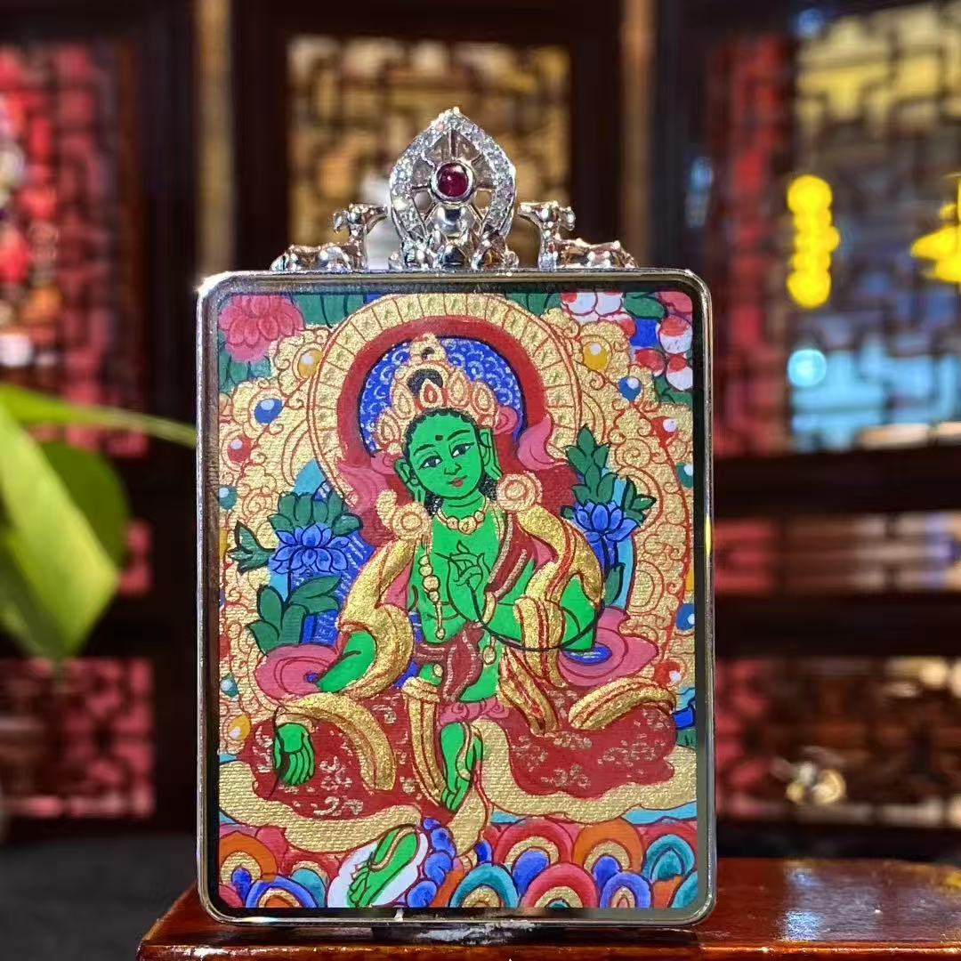 Back view of Green Tara Tibetan thangka pendant in compact 49×38mm size, double-sided hand-painted with 18K gold in traditional Rebgong style, symbolizing compassion and protection