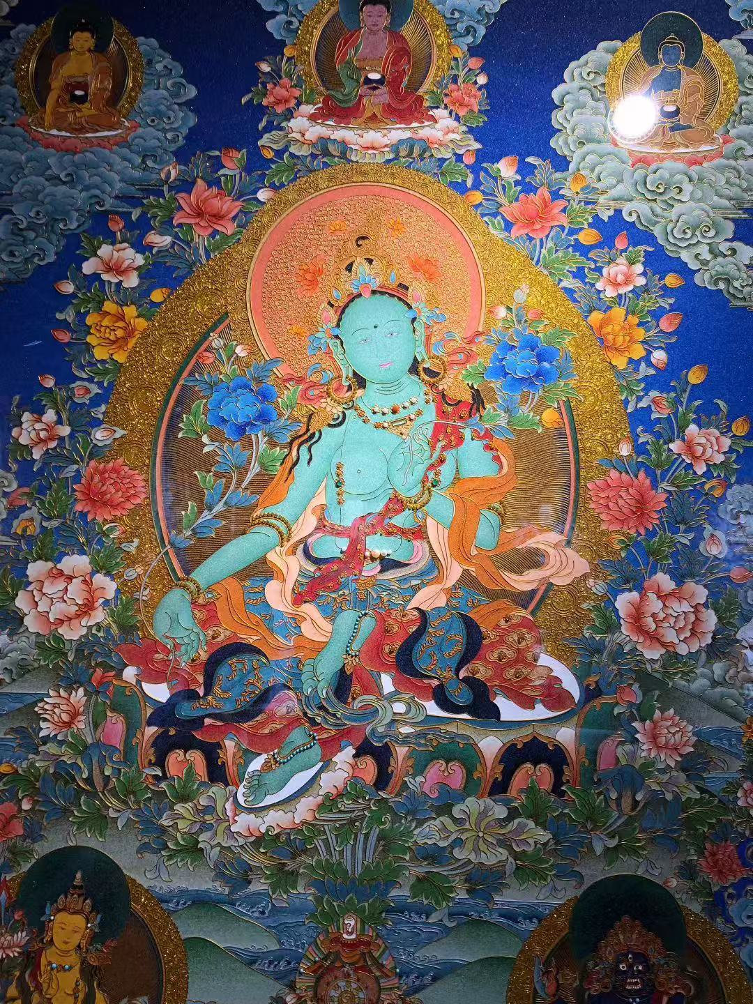 100% hand-painted Green Tara Tibetan Thangka painting in the Rebgong gemstone tradition, large 133×133cm masterpiece with pear wood frame