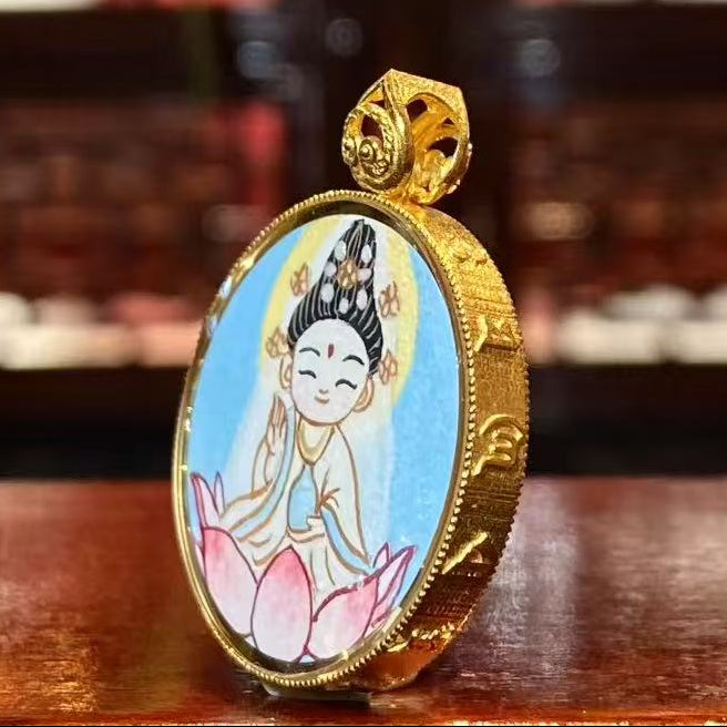 Side view of Guanyin Thangka pendant showing 18K gold Gawu box craftsmanship and sapphire crystal scratch-resistant lens