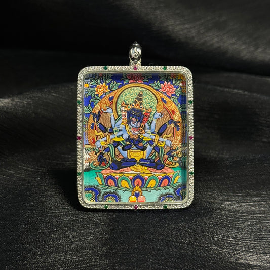 Hand-painted Guhyasamaja Vajra mini thangka pendant in 925 sterling silver frame, Rebgong Tibetan thangka with mineral pigments and gold detailing.