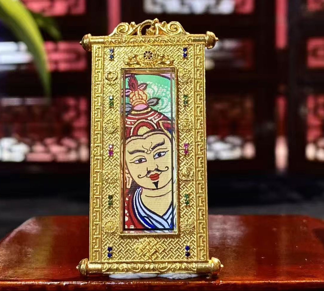 Back view of Tibetan scroll thangka pendant featuring Guru Rinpoche Padmasambhava, double-sided hand-painted in 18K gold