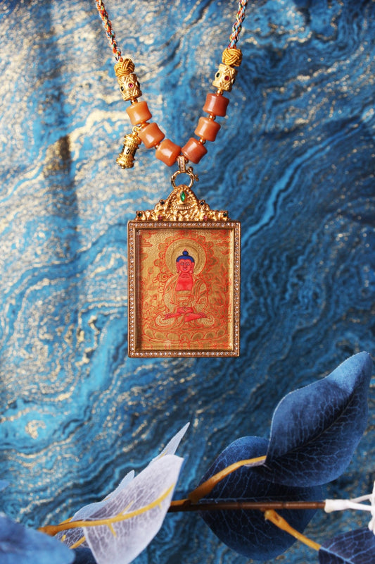 Full view of hand-painted Amitabha Buddha mini thangka pendant in Rebgong gold thangka tradition, featuring balanced iconographic proportions, mineral pigment colors, and double-sided titanium steel casing