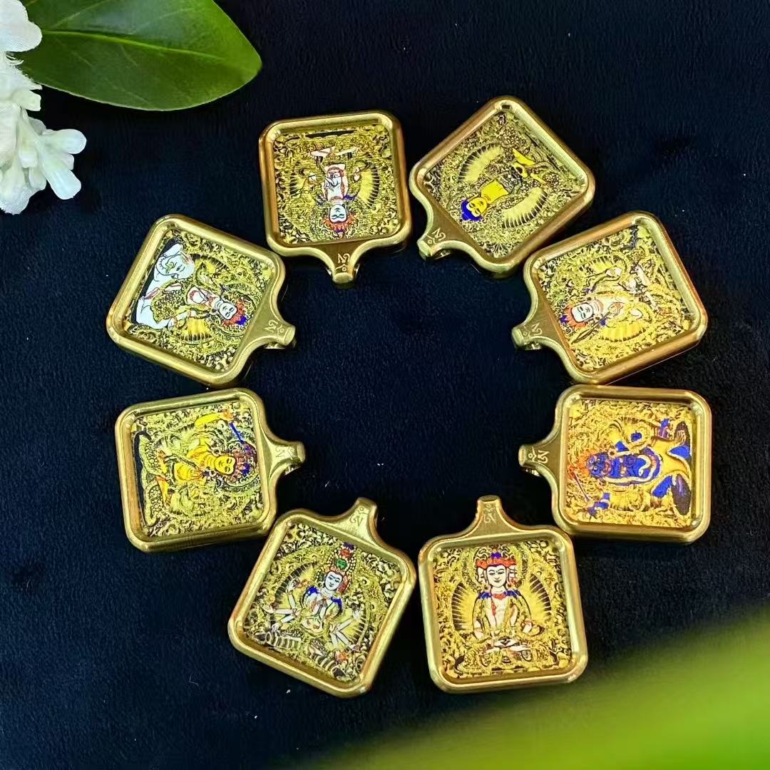 Hand-painted gold-outlined Tibetan thangka pendant in square titanium steel gau box, 24 by 24 millimeters