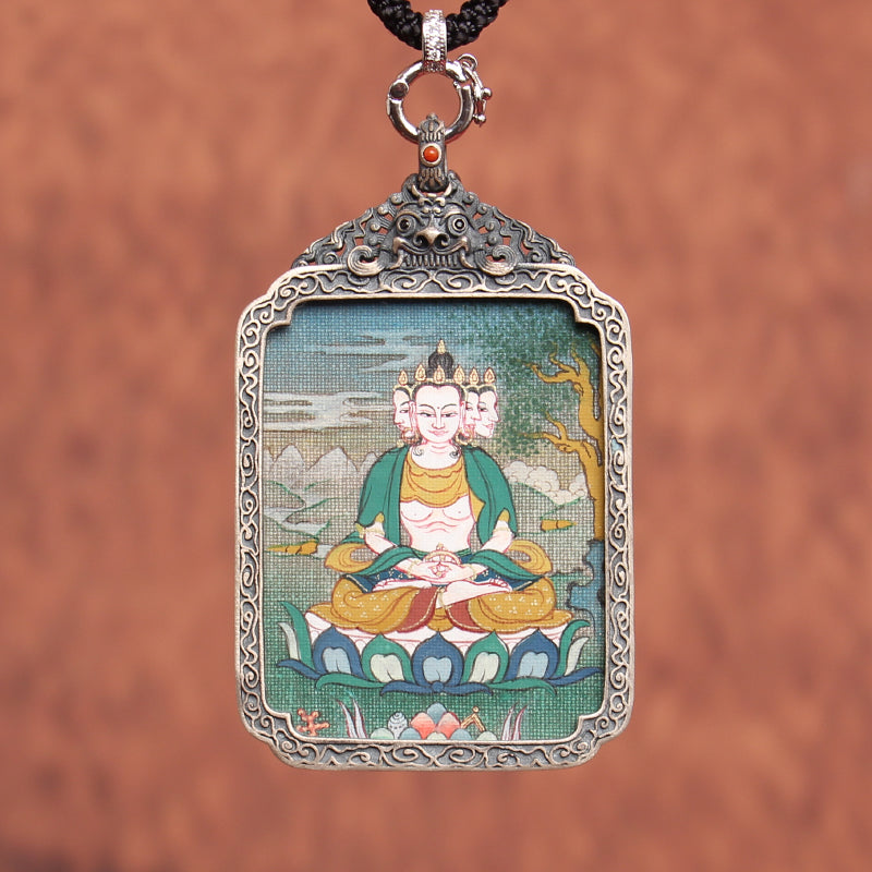 Close-up view of hand-painted Tibetan Thangka depicting the 8 Guardian Deities in Karma Gadri style, intricate brushwork.