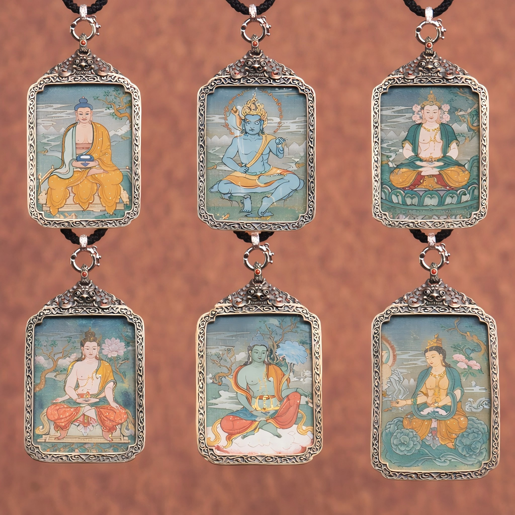 A collection of 9 hand-painted Tibetan Thangka pendants featuring different deities in Karma Gadri style, displayed in an elegant 3x3 grid. Each pendant is framed with intricate silver filigree, showcasing vibrant colors and spiritual symbolism.
