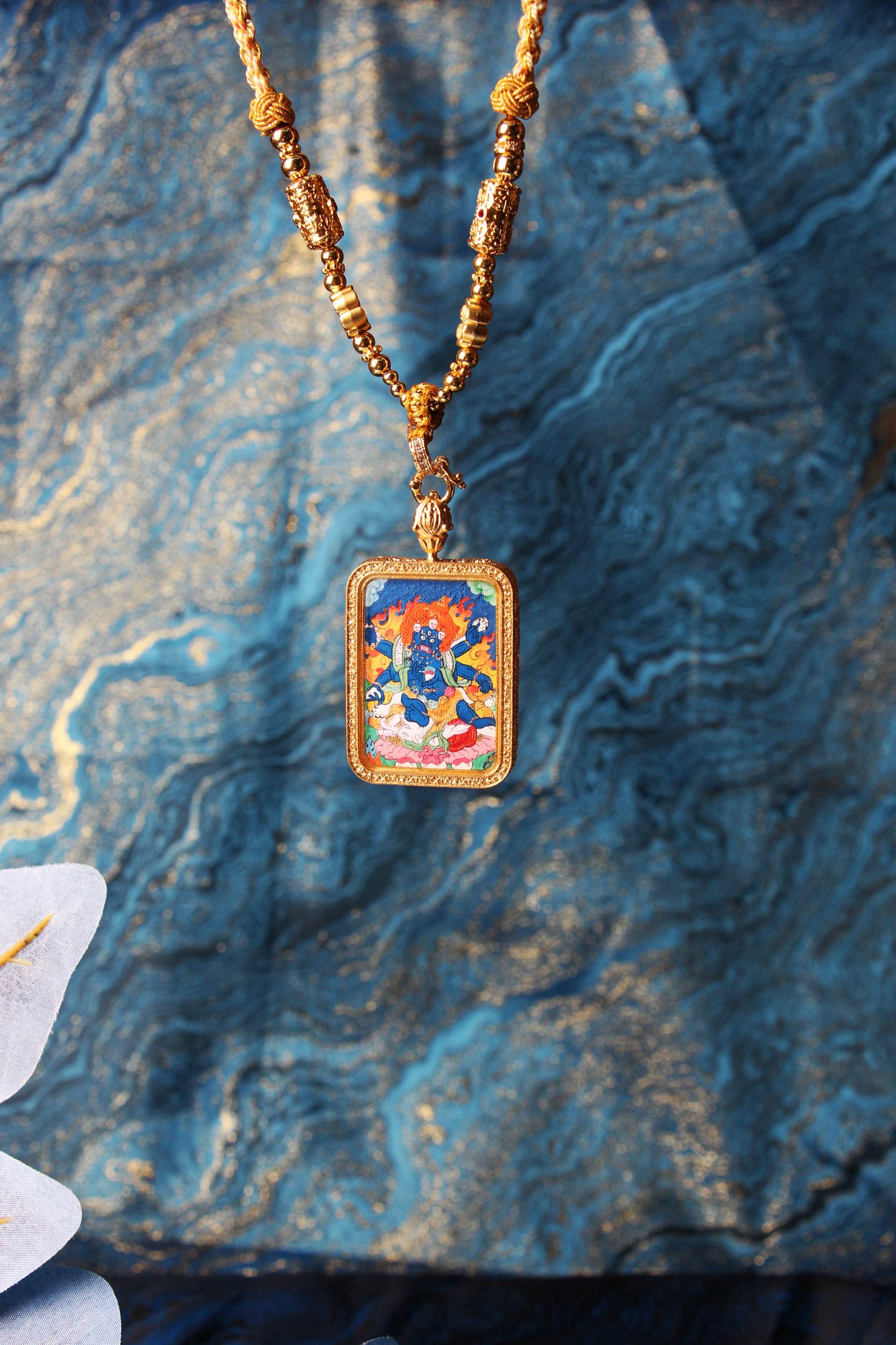 Hanging Six-Armed Mahakala pendant in Tibetan mini thangka style, hand-painted, designed for travel and daily portable devotional display