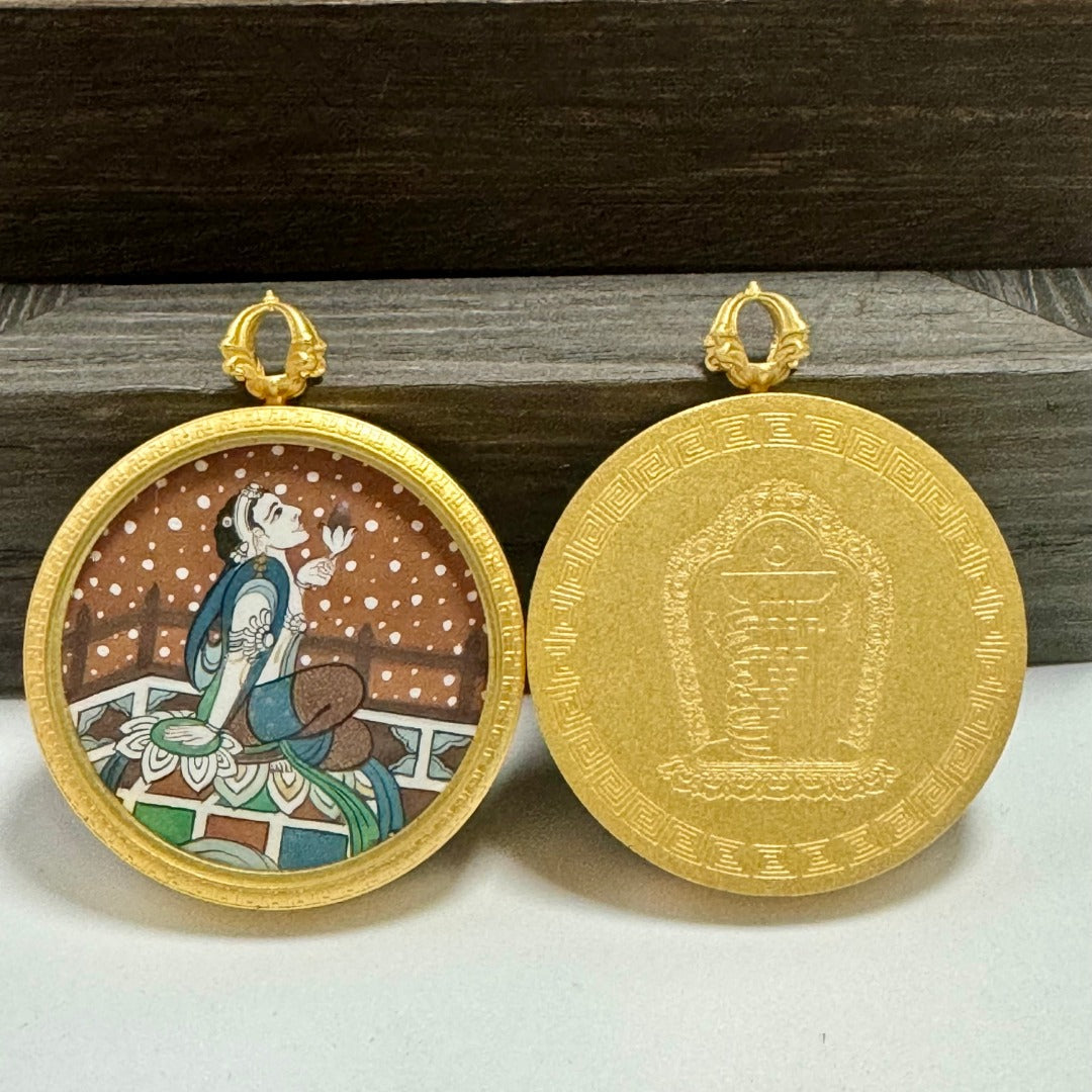 Side-by-side display of the front painting and the solid matte copper back of a Holding Lotus Avalokiteshvara mini thangka pendant, showing overall structure and finish.