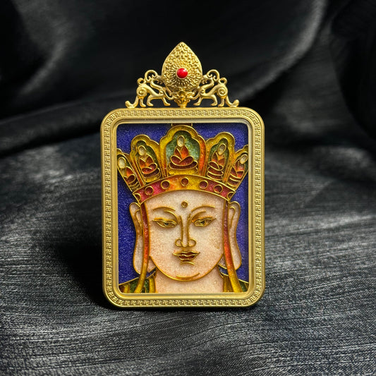 Front view of Ksitigarbha Bodhisattva cloisonné enamel mini thangka pendant featuring crowned bodhisattva face design with blue enamel background and 24K gold-plated copper frame