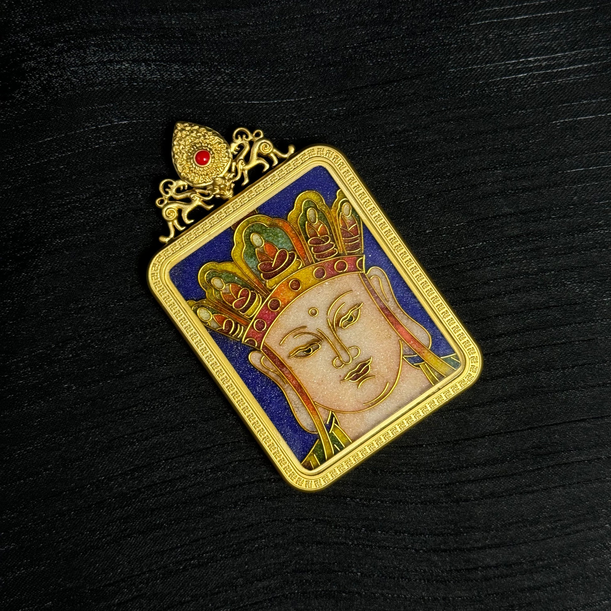Full display of Ksitigarbha Bodhisattva cloisonné enamel mini thangka pendant with ornate gold-plated top ornament and traditional Buddhist bodhisattva imagery
