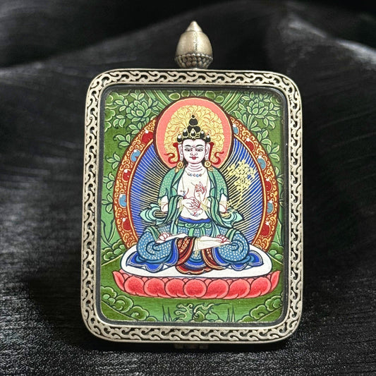 Hand-painted Mahāsthāmaprāpta Bodhisattva Rebgong Cui-Tang thangka pendant crafted with mineral pigments and set in 925 sterling silver, Chinese intangible cultural heritage art