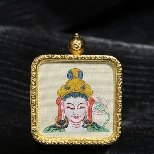 Hand-painted Mahāsthāmaprāpta Bodhisattva mini Tibetan thangka using natural mineral pigments, 2×2cm painting size, traditional Buddhist collectible artwork