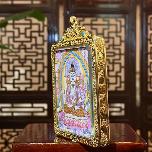 Side detail view of a double-sided Mahāsthāmaprāpta Gawu pendant in a gold-plated copper case, showing craftsmanship, depth, and a structured design suitable for daily wear and meditation