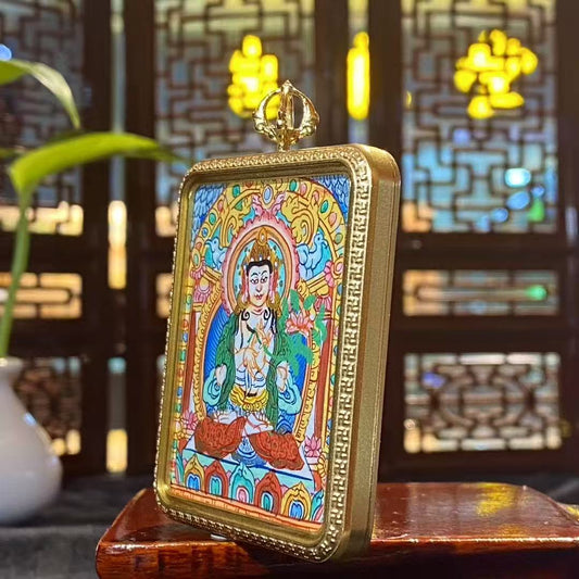 Side detail view of a Mahāsthāmaprāpta Gawu pendant in a titanium steel case, showing craftsmanship, depth, and a durable structure suitable for daily wear and meditation