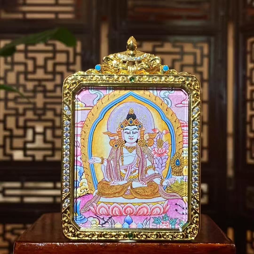Front view of a double-sided hand-painted Mahāsthāmaprāpta (Great Strength Bodhisattva) Gawu pendant in a gold-plated copper case, symbolizing wisdom light, calm focus, and clear thinking