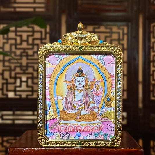 Front view of a double-sided hand-painted Mahāsthāmaprāpta (Great Strength Bodhisattva) Gawu pendant in a gold-plated copper case, symbolizing wisdom light, calm focus, and clear thinking
