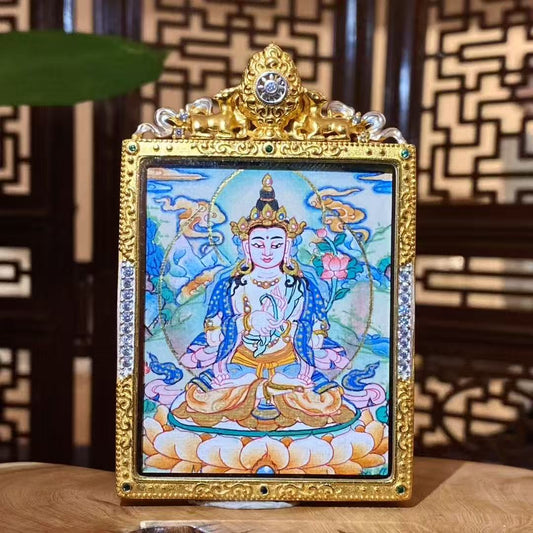 Front view of a hand-painted Mahāsthāmaprāpta (Great Strength Bodhisattva) Gawu pendant in a gold-plated copper case, symbolizing wisdom light, calm focus, and clear thinking