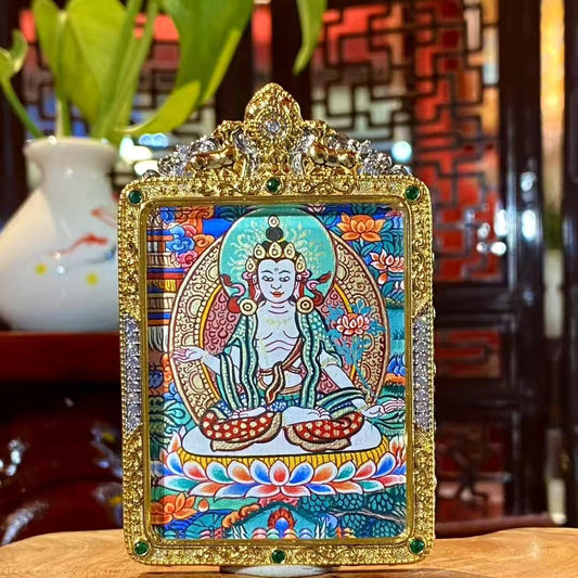Front view of a hand-painted Mahāsthāmaprāpta (Great Strength Bodhisattva) Gawu pendant in a gold-plated copper case, symbolizing wisdom light, calm focus, and clear thinking