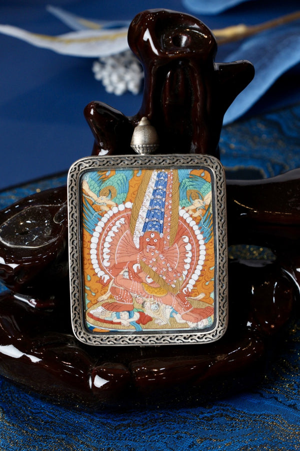 Maha Heruka Mini Thangka Pendant – Tibetan Mineral Pigment Art (4 × 5 cm)
