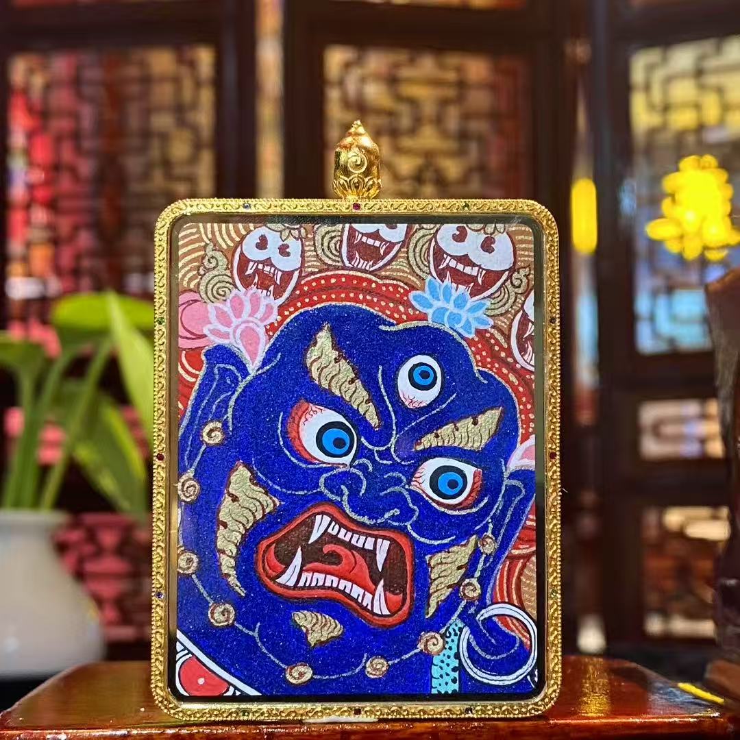 Back view of Tibetan Thangka pendant depicting Mahakala protector deity, fully hand-painted in 18K gold in the Rebgong tradition
