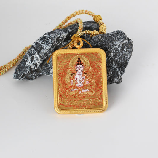 Front view of a Mahasthamaprapta Bodhisattva mini thangka pendant, fully hand-painted with mineral pigments in Rebgong gold thangka style, set in a copper case with fine red and gold line work.