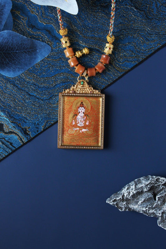 Hand-painted Mahasthamaprapta Bodhisattva mini thangka pendant in Rebgong gold thangka style, featuring mineral pigment painting, square double-sided titanium steel case, and detailed ornamental bail