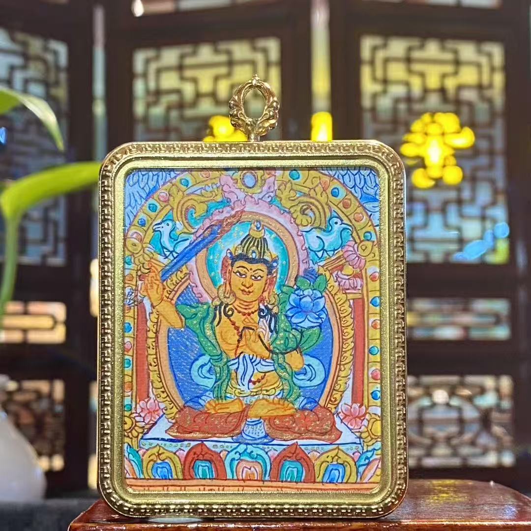 Hand-painted Manjushri Bodhisattva large mini thangka pendant in a titanium steel Gau box, depicting the Buddhist deity of wisdom