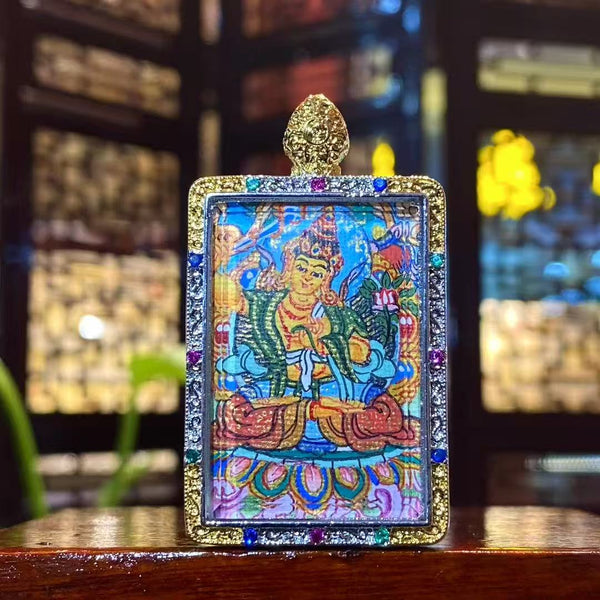 Manjushri Bodhisattva Mini Thangka Pendant – Hand-Painted Wisdom Deity in Gold-Plated Gau Box (24 × 24 mm), Guardian for Rabbit & Gemini (Copy)