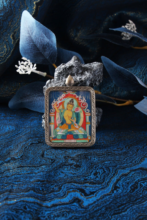 Manjushri Bodhisattva Mini Thangka Pendant Hand-Painted • Mineral Pigments • Tibetan Origin • 4 × 5 cm