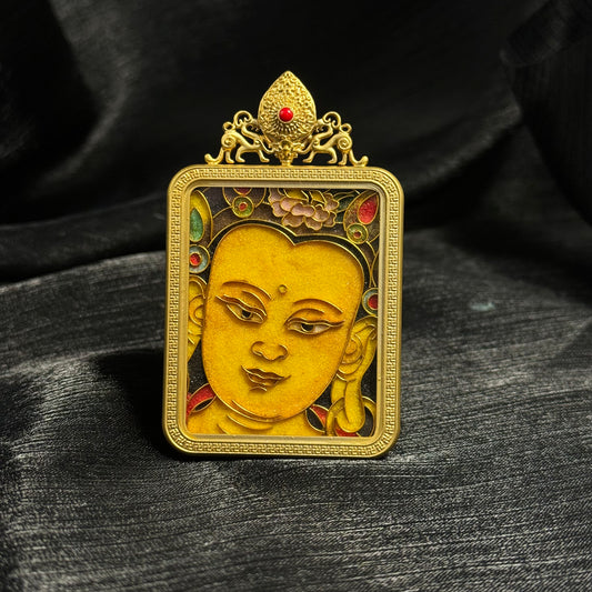 Front view of a Manjushri Bodhisattva cloisonné enamel mini thangka pendant with a 24K gold-plated copper frame and decorative top ornament.