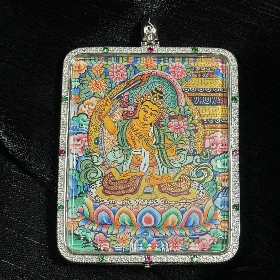 Manjushri Wisdom Buddha pendant with Mandala, presented in an elegant gift box, made with hand-painted traditional Tibetan techniques and 925 silver plating. Perfect for Rabbit and Gemini zodiac.