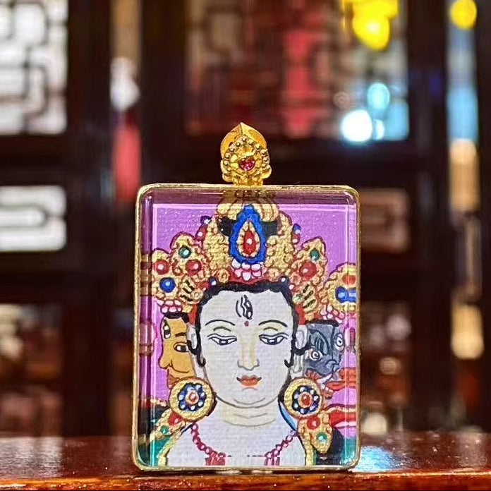 Front view of Marici Devi Thangka pendant, double-sided hand-painted in 18K gold, Rebgong craftsmanship symbolizing protection and wisdom