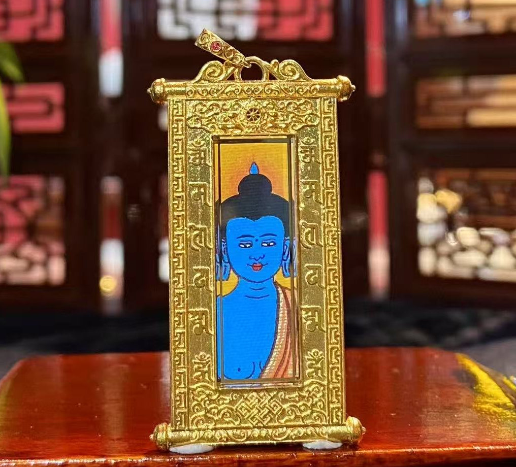 Front view of Medicine Buddha Tibetan scroll-style thangka pendant, double-sided hand-painted in 18K gold, Rebgong tradition
