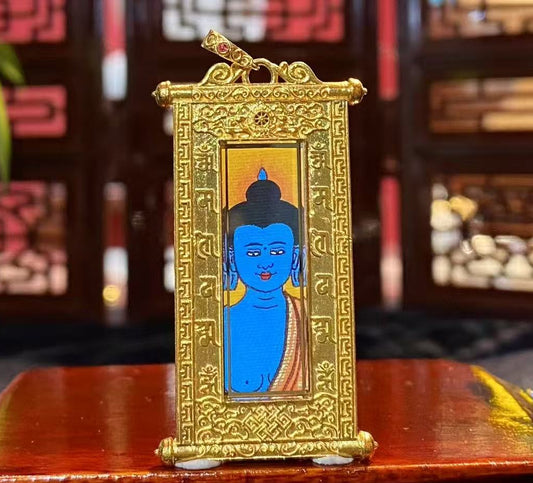 Front view of Medicine Buddha Tibetan scroll-style thangka pendant, double-sided hand-painted in 18K gold, Rebgong tradition