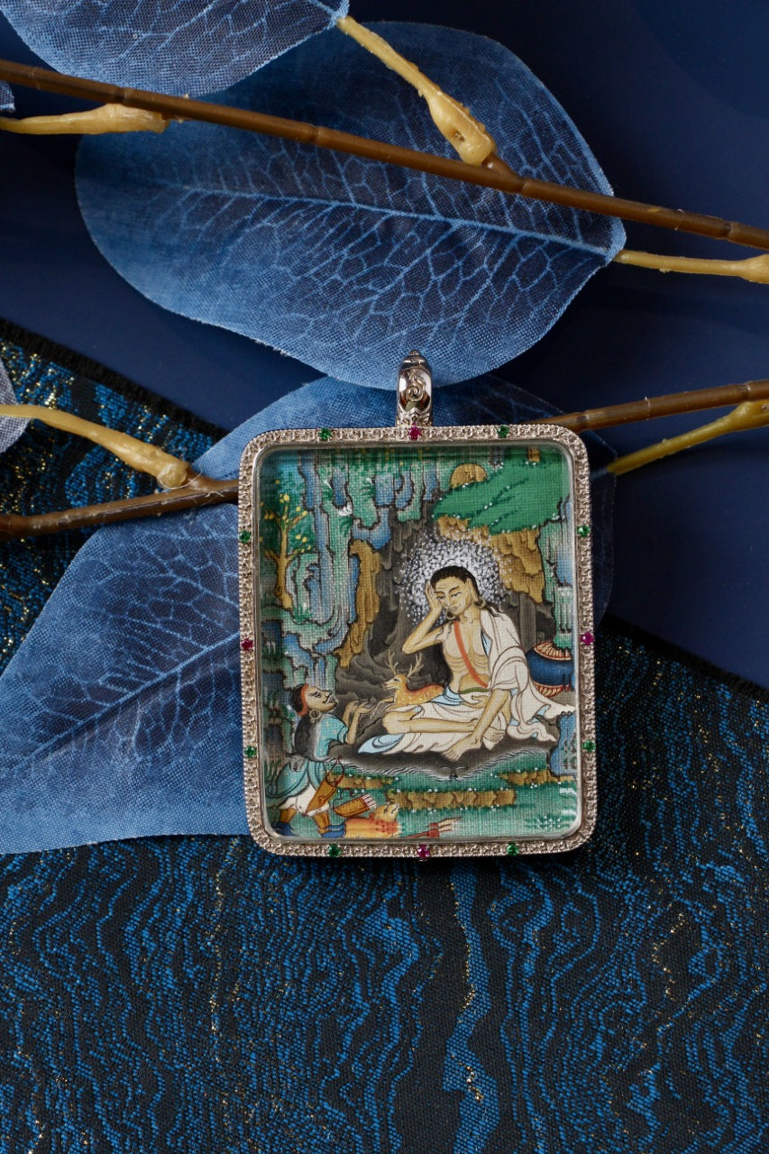 Milarepa thangka depicting the Kagyu master in meditation posture, painted in traditional Kagyu style with detailed fine lines