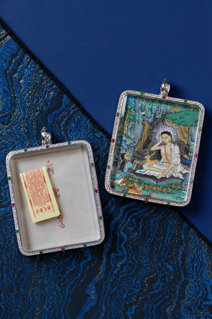Hand-painted Milarepa thangka pendant from Tibet, Kagyu lineage, fine Kagyu style painting with 925 silver case and mineral pigments