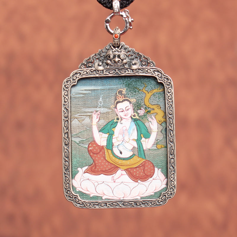 Mini Tibetan Thangka pendant featuring 8 Guardian Deities, hand-painted in the traditional Karma Gadri style for protection and blessings.