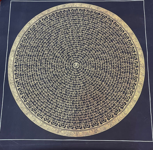 Large black and gold thangka featuring the Om Mani Padme Hum mantra arranged in concentric circular script, hand-painted with gold calligraphy on dark canvas in the Nepal thangka tradition.