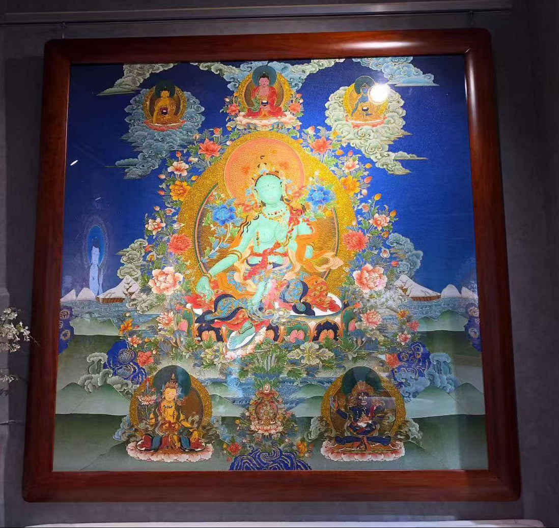 Framed Green Tara Tibetan Thangka with solid pear wood frame, handcrafted Rebgong gemstone painting ready for display
