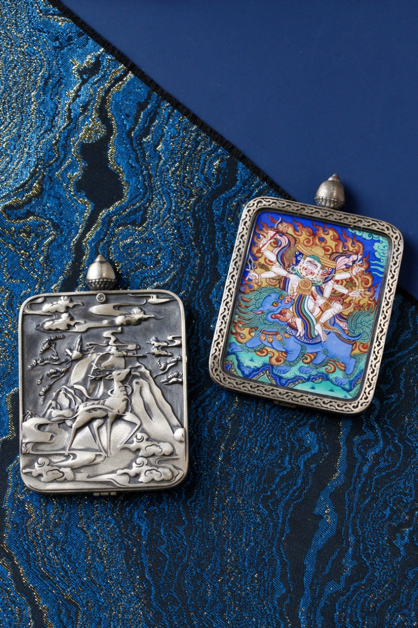 Pehar Gyalpo mini thangka pendant paired with traditional Nine-Colored Deer silver case, handcrafted Tibetan Buddhist art