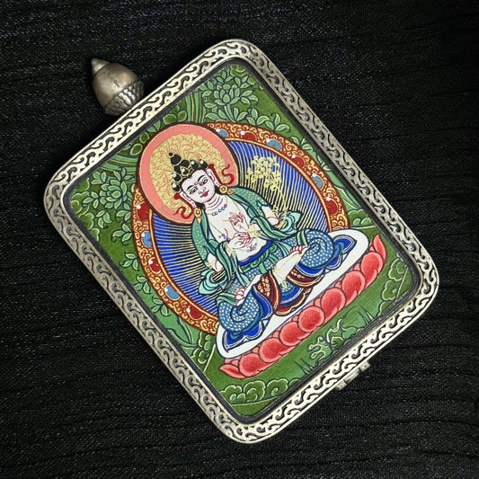 Close-up detail of Mahāsthāmaprāpta Bodhisattva in a Rebgong Cui-Tang thangka, showing luminous mineral pigments, refined brushwork, and traditional Tibetan craftsmanship