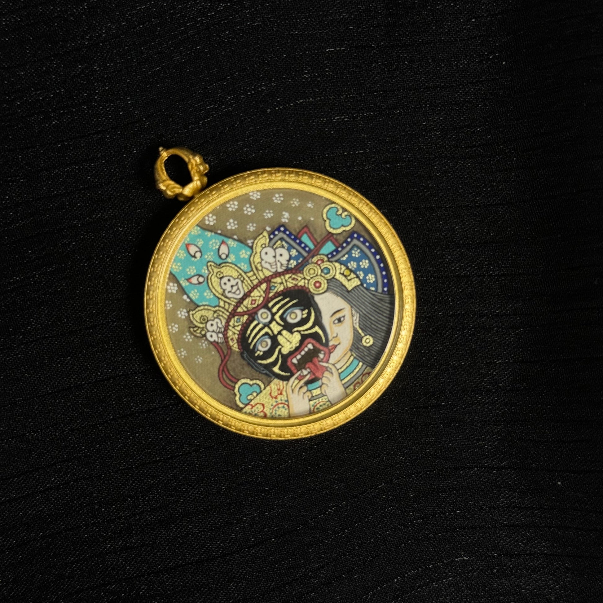 Top view of Zaki Lhamo past and present form miniature thangka pendant Tibetan mineral pigment painting