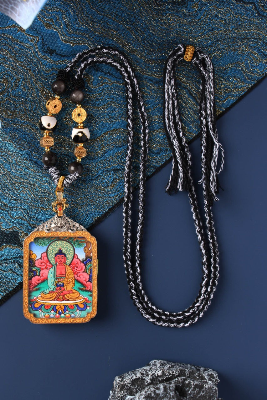 Hand-painted Amitabha Buddha thangka pendant from Rebgong, featuring Western Pure Land Buddha seated in meditation, mineral pigments, high-completion Tibetan Buddhist artwork