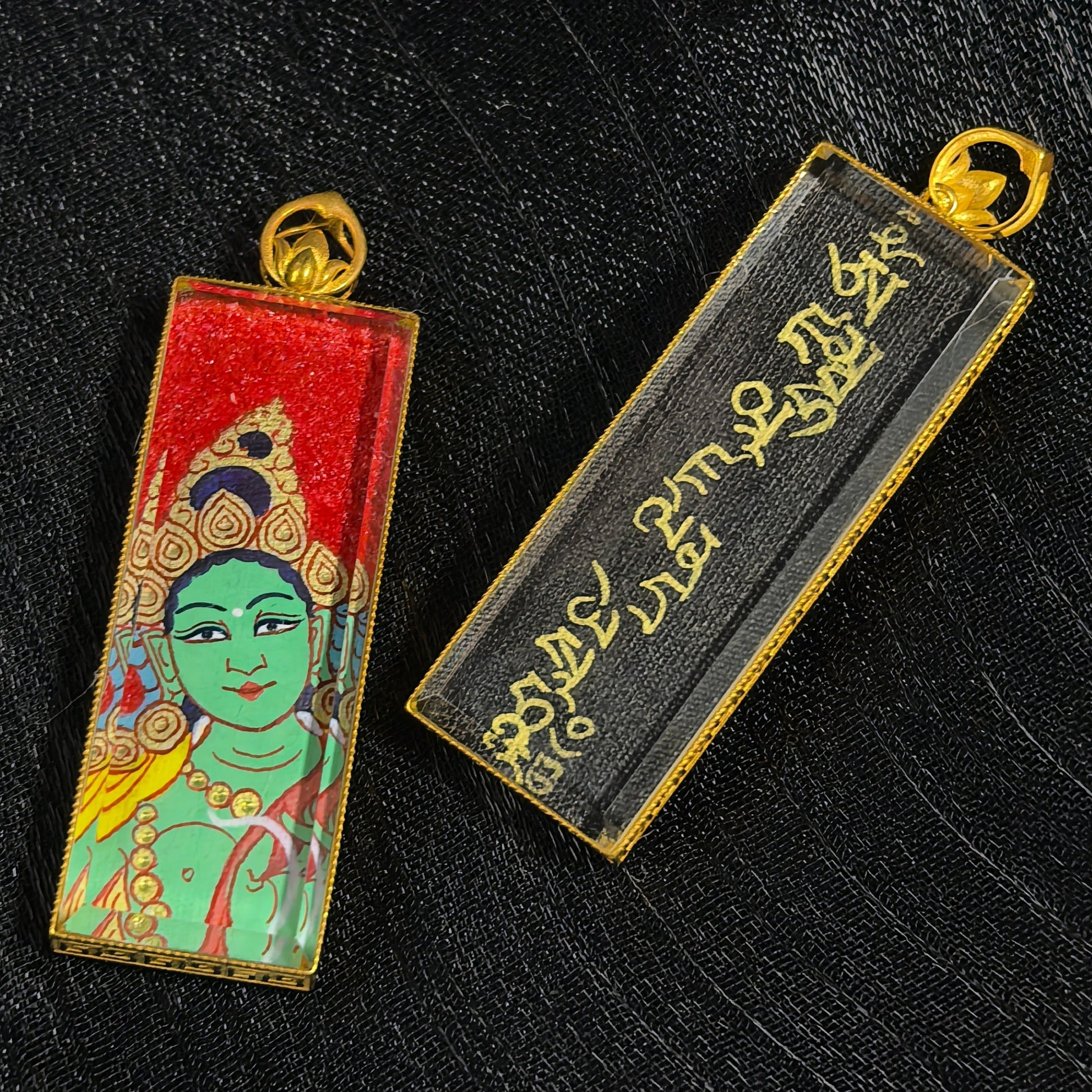 Rebgong Lama Artist Buddha Head Pendant worn as necklace – 18K Gold Inlay and Sapphire Mirror Surface