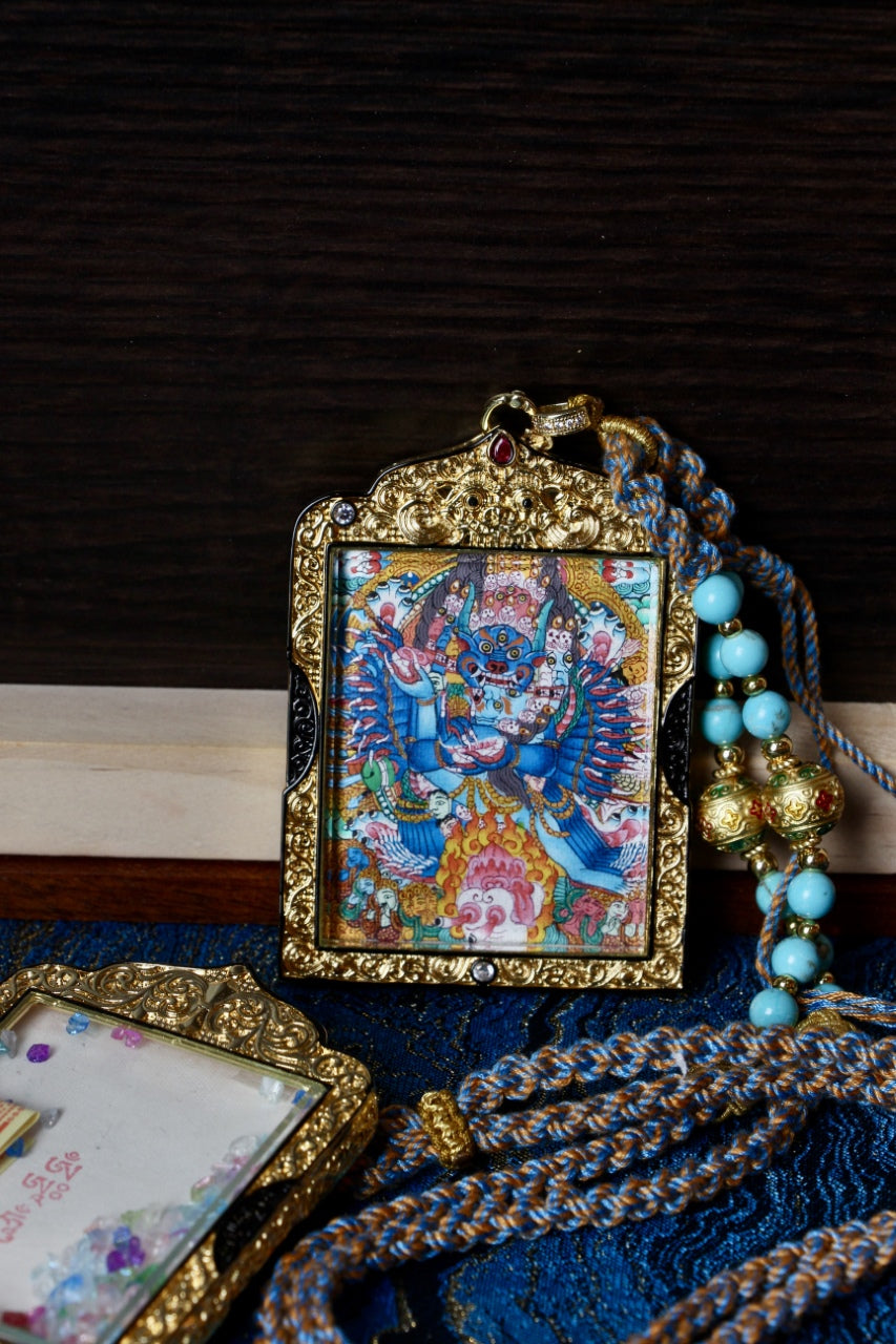 Hand-painted Rebgong Yamantaka thangka pendant in black-gold double-sided copper gawu frame, 4×5 cm, mineral pigments